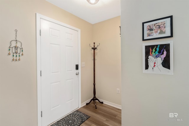 foyer featuring baseboards and wood finished floors