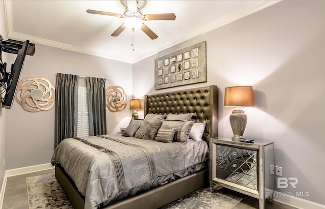 tiled bedroom with ceiling fan and ornamental molding