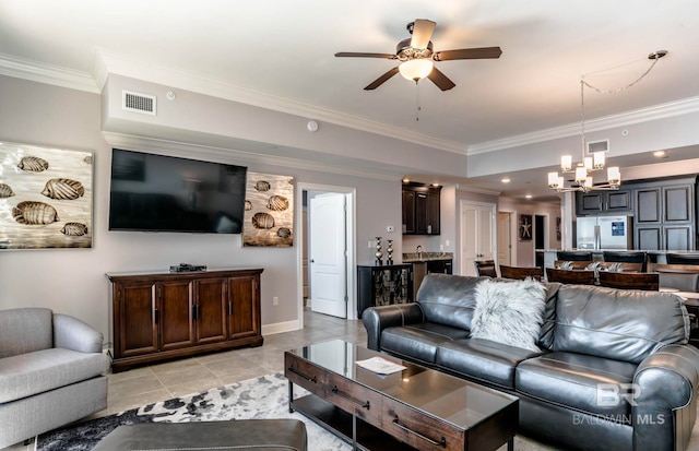 tiled living room with crown molding and ceiling fan with notable chandelier