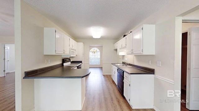 33580 Woodlands Dr, Lillian, AL 36549 - kitchen with range with electric stovetop, a sink, dark countertops, white microwave, and light wood-type flooring