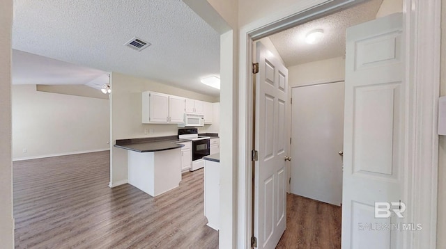33580 Woodlands Dr, Lillian, AL 36549 - kitchen with electric stove, white microwave, dark countertops, light wood finished floors, and white cabinets