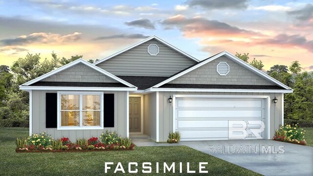 view of front of property featuring board and batten siding, a yard, a garage, and driveway
