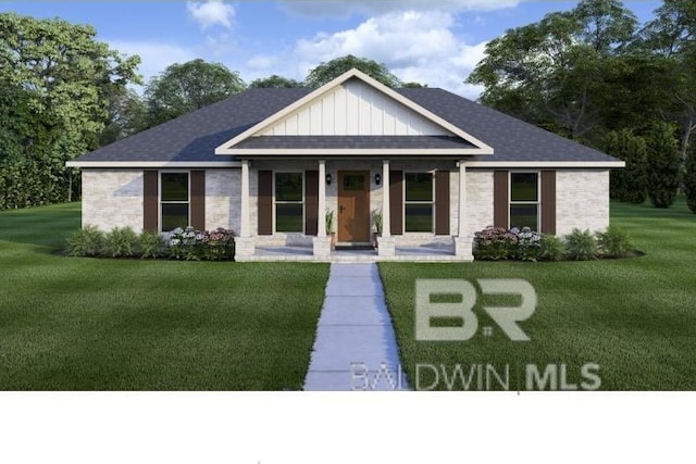 111 Marietta St, Bay Minette, AL 36507 - view of front of house featuring board and batten siding, roof with shingles, a porch, and a front lawn