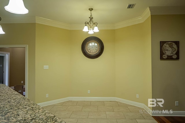 unfurnished dining area featuring a notable chandelier and crown molding