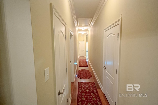 hall featuring wood-type flooring and ornamental molding