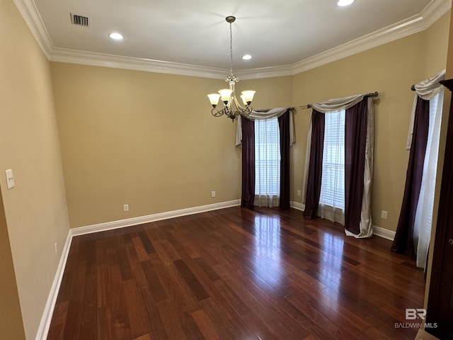 unfurnished room with crown molding, a chandelier, and dark hardwood / wood-style flooring