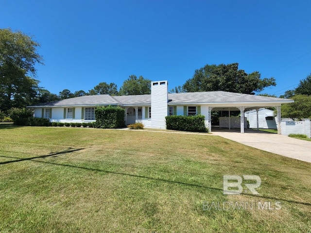 ranch-style house featuring a carport and a front yard