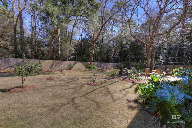 view of yard with a fenced backyard and a fire pit