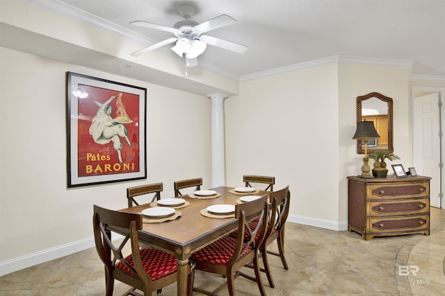 dining space featuring crown molding, baseboards, and ceiling fan