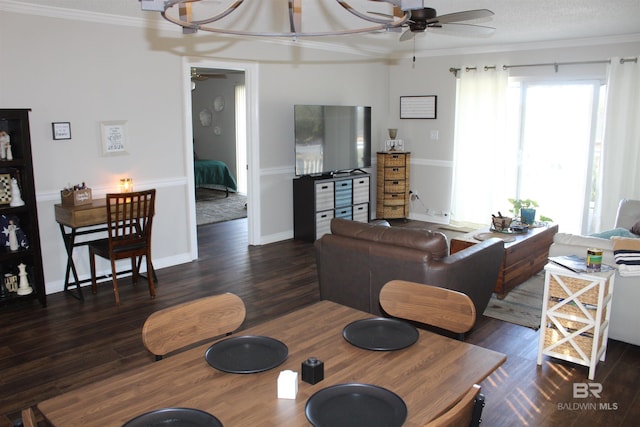 living room featuring ceiling fan, wood finished floors, and ornamental molding