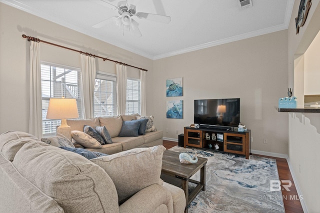 living room with ceiling fan, ornamental molding, and hardwood / wood-style flooring