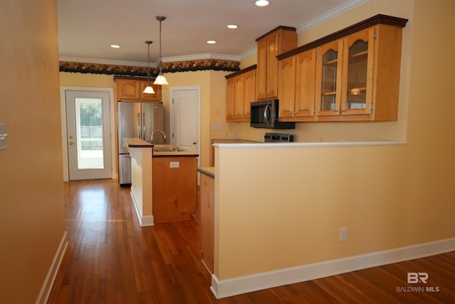 kitchen with glass insert cabinets, baseboards, an island with sink, dark wood-style floors, and stainless steel appliances