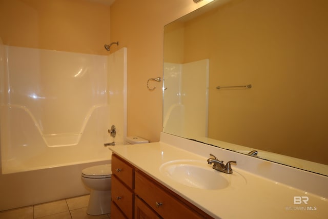 full bath featuring toilet, shower / tub combination, vanity, and tile patterned flooring