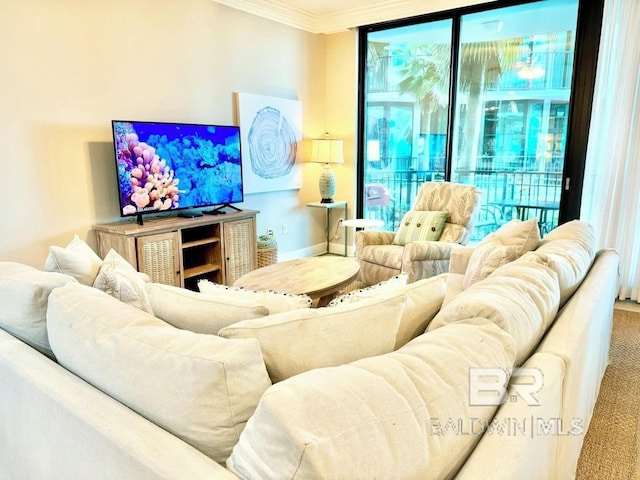 carpeted living area with ornamental molding, plenty of natural light, and baseboards