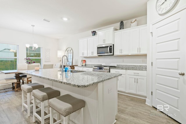 kitchen featuring white cabinets, appliances with stainless steel finishes, an island with sink, and sink