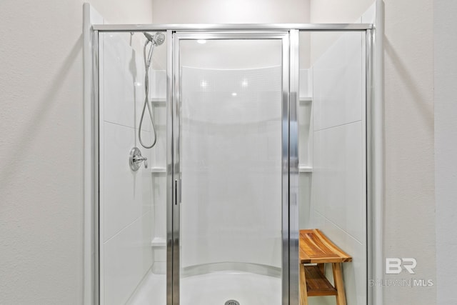 bathroom featuring a shower with door