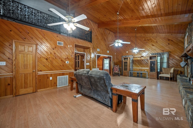 living room with hardwood / wood-style flooring, ceiling fan, and wooden walls