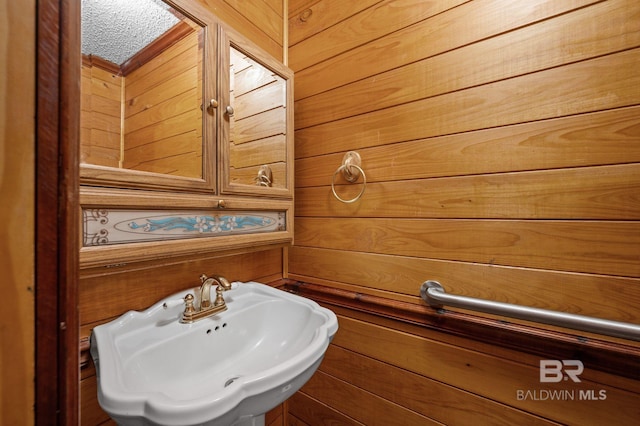 bathroom featuring wood walls, sink, and a textured ceiling