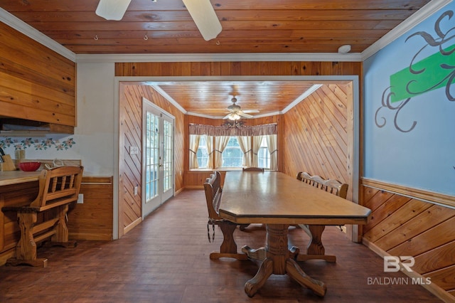 dining space featuring wood walls, wooden ceiling, ceiling fan, and hardwood / wood-style floors