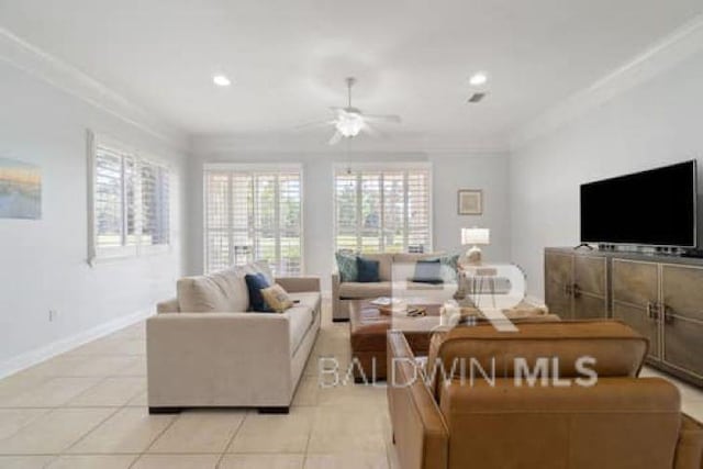 200 Peninsula Blvd Unit E101, Gulf Shores, AL 36542 - living area featuring ornamental molding, a ceiling fan, light tile patterned floors, baseboards, and recessed lighting