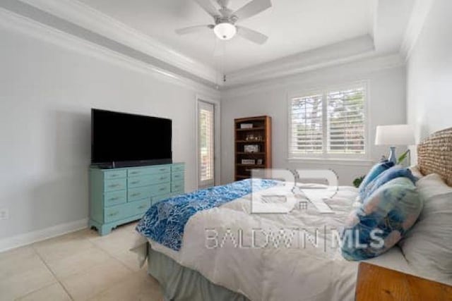 200 Peninsula Blvd Unit E101, Gulf Shores, AL 36542 - bedroom with a tray ceiling, ornamental molding, baseboards, a ceiling fan, and light tile patterned floors