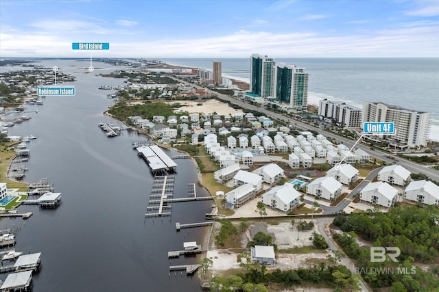 aerial view featuring a water view