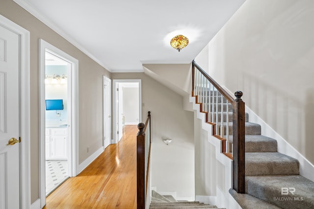 staircase with hardwood / wood-style flooring and ornamental molding