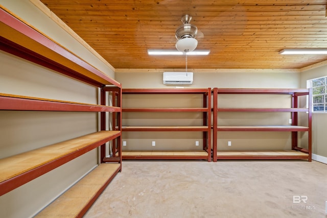 basement featuring light colored carpet, an AC wall unit, crown molding, and wooden ceiling