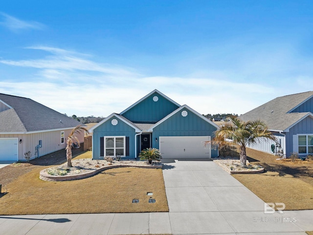 single story home with a garage and a front yard