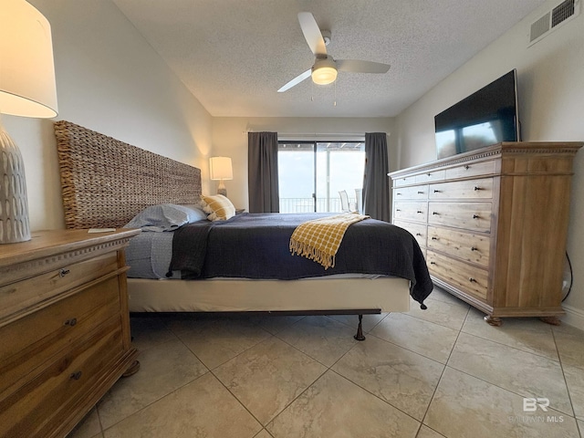 bedroom with a ceiling fan, visible vents, and a textured ceiling