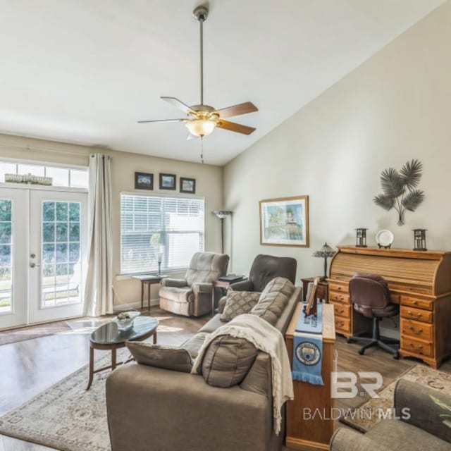 430 W Fort Morgan Rd Unit 1401, Gulf Shores, AL 36542 - living area with wood finished floors, french doors, a ceiling fan, and lofted ceiling