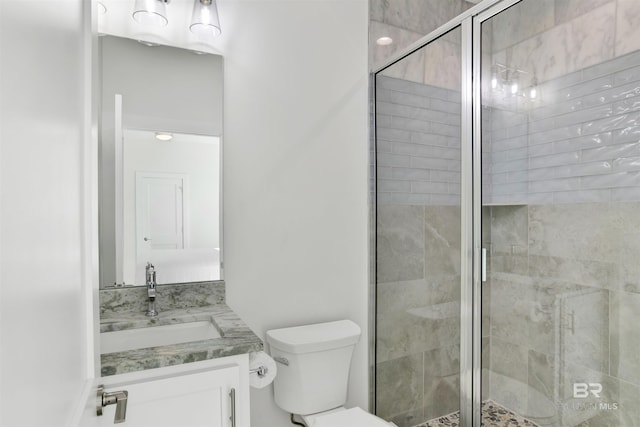 full bathroom featuring a shower stall, toilet, and vanity