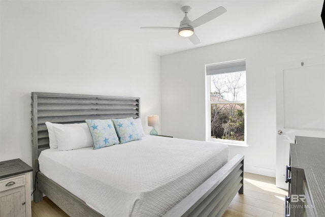 bedroom featuring light wood-type flooring and a ceiling fan