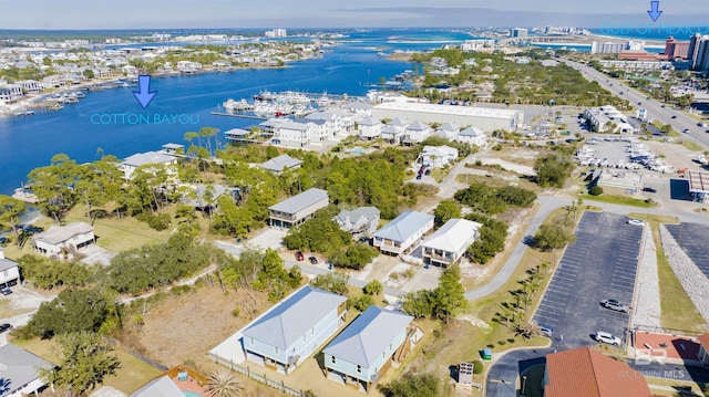 drone / aerial view featuring a water view