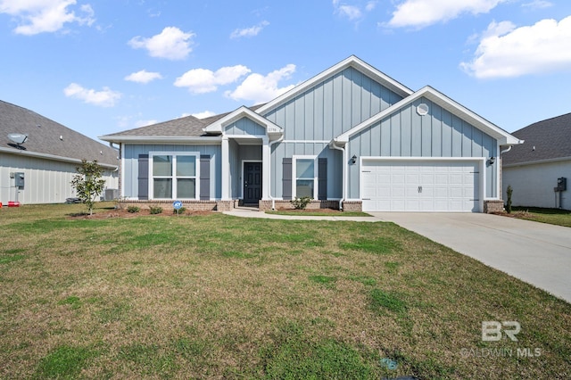 view of front of property featuring driveway, a front lawn, board and batten siding, and brick siding