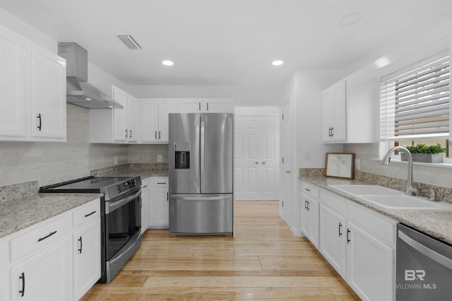 kitchen with white cabinetry, sink, wall chimney range hood, and stainless steel appliances