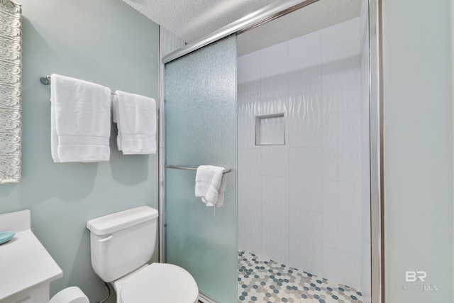 full bath featuring toilet, a stall shower, vanity, and a textured ceiling