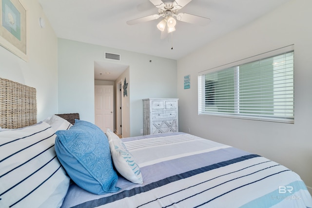 bedroom with a ceiling fan and visible vents