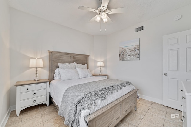 bedroom with light tile patterned floors, visible vents, ceiling fan, and baseboards