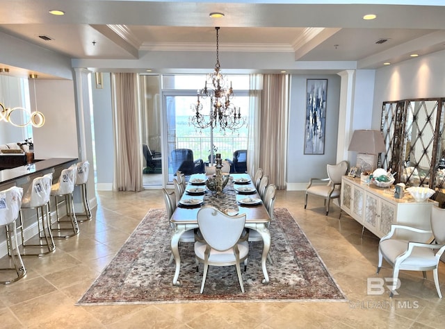 dining room featuring decorative columns, a tray ceiling, a notable chandelier, and light tile patterned floors