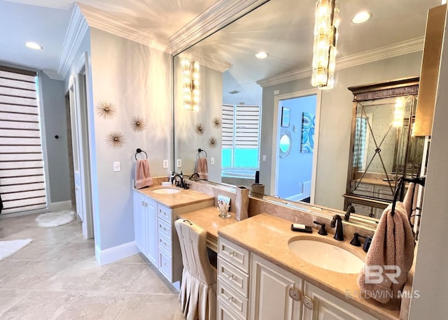 bathroom featuring ornamental molding, vanity, and tile patterned floors