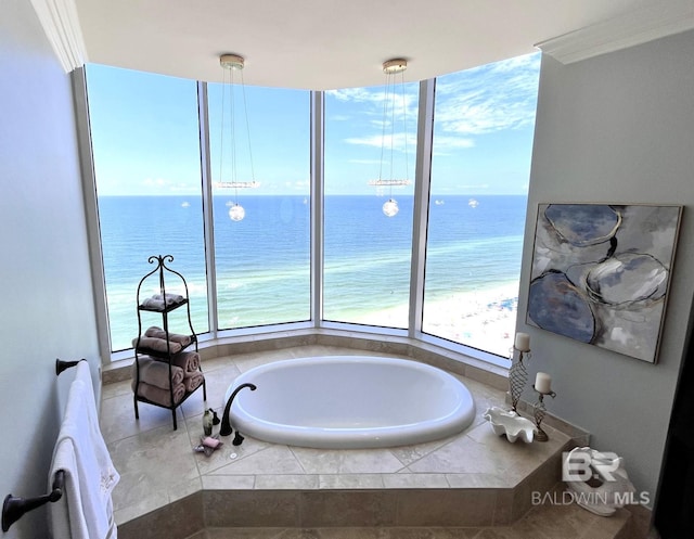 bathroom featuring a water view