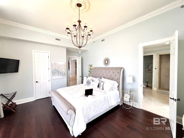 bedroom featuring wood-type flooring, crown molding, and a chandelier