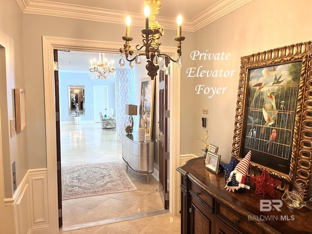 hallway featuring an inviting chandelier, ornamental molding, and light tile patterned floors