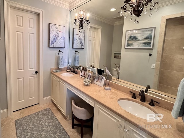 bathroom featuring tile patterned flooring, dual bowl vanity, and ornamental molding