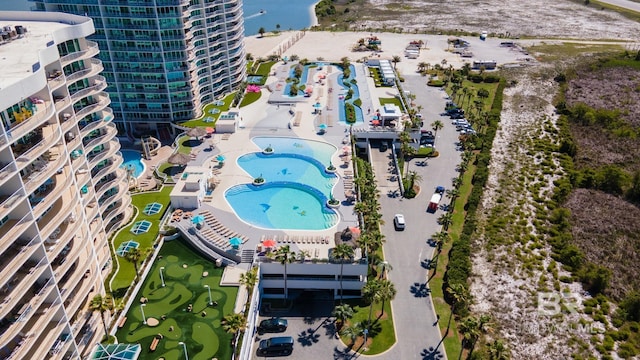 birds eye view of property featuring a water view