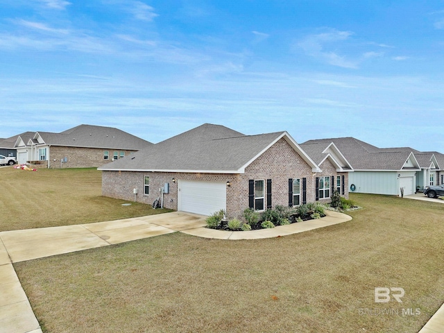 single story home featuring a garage and a front lawn