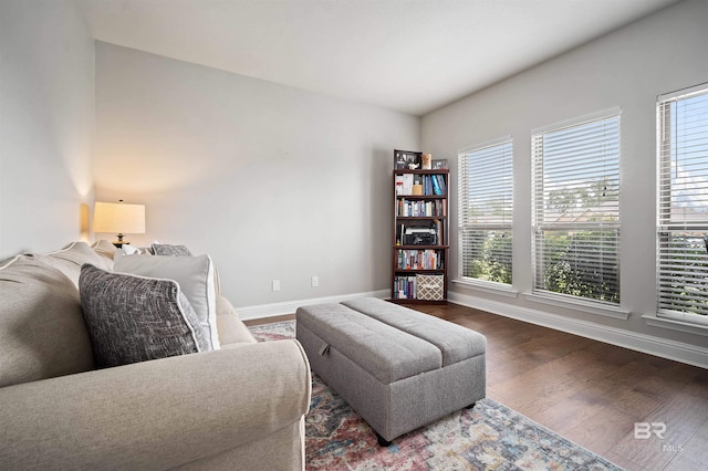 living room with dark wood-type flooring and plenty of natural light