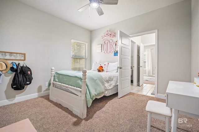 bedroom featuring ceiling fan and light colored carpet