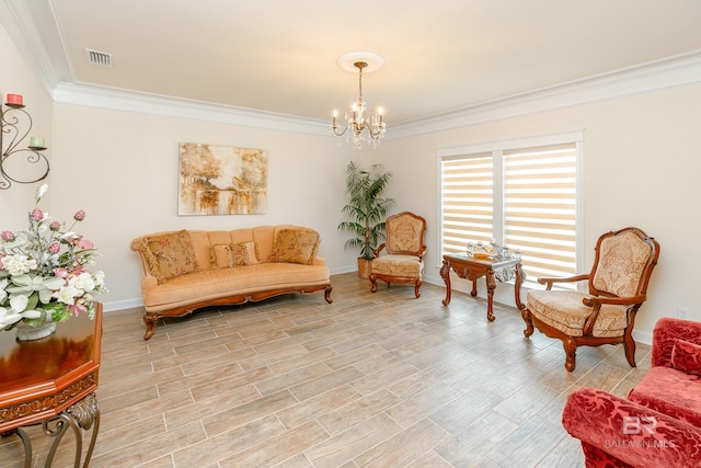 living area featuring ornamental molding, an inviting chandelier, and light hardwood / wood-style floors